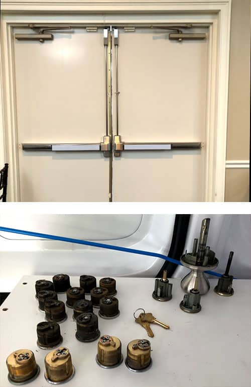 Image of a set of commercial doors we upgraded with new crash bars and door closers (top) and deadbolt locks and a door knob we rekeyed for a local business (bottom)